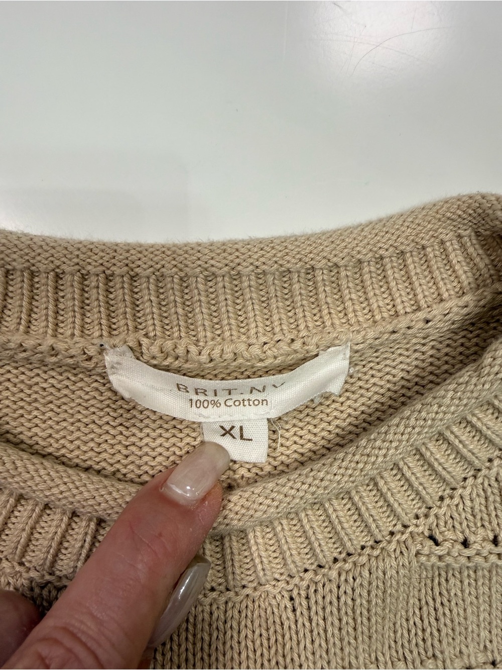 BRIT NY 100% Cotton Ribbed Crewneck Sweater in Beige - Picture 5 of 7